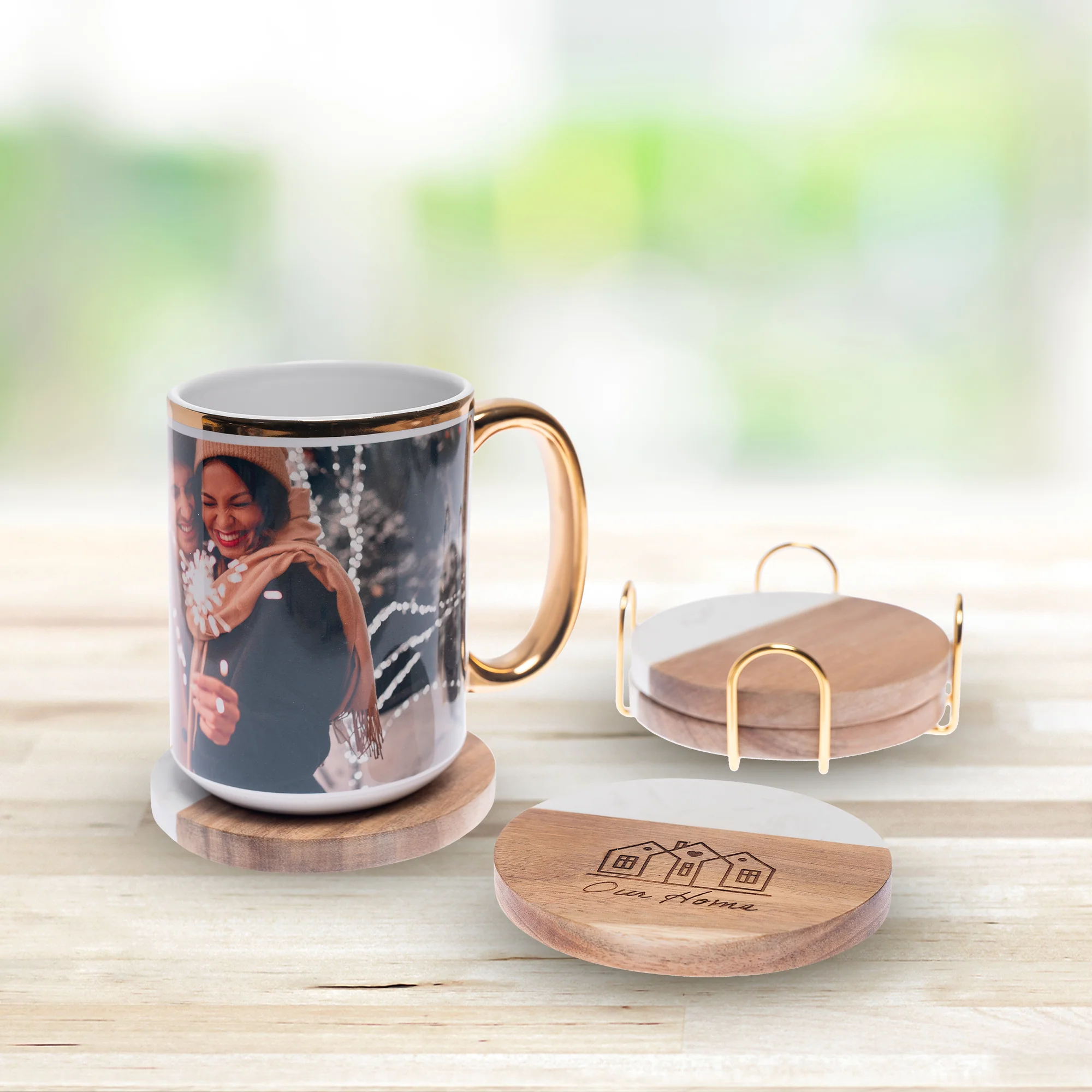 Engraved Marble and Acacia Wood Coaster - Image 3